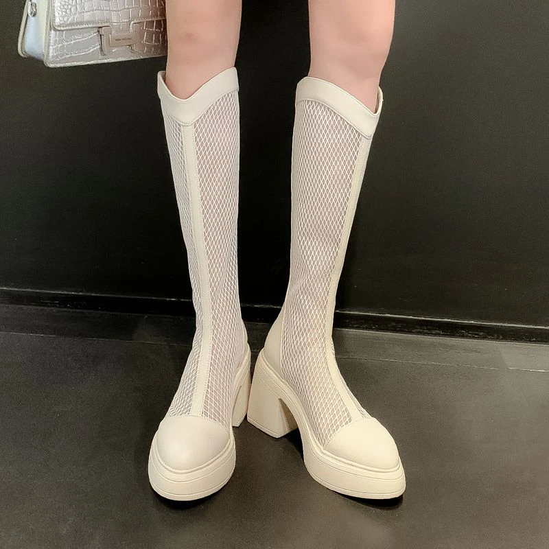 孟行10cm粗跟高筒靴百搭夏季尖头长筒厚底高跟凉靴英伦透气时装靴