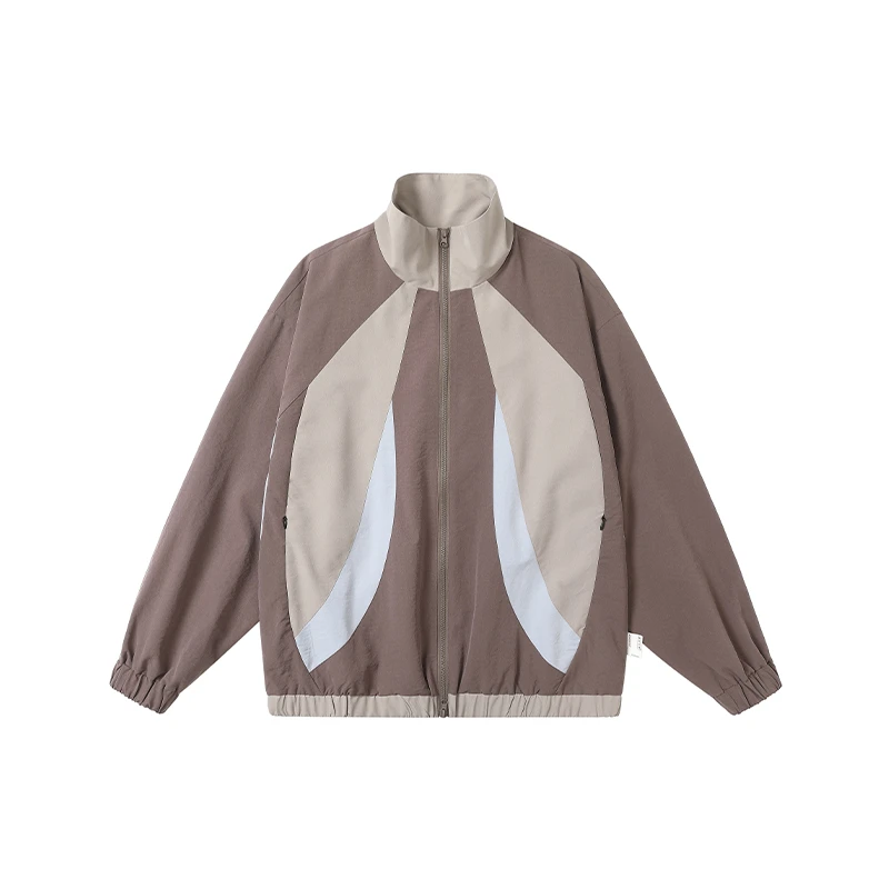 J36春秋潮牌美式复古设计感三色拼接情侣百搭休闲运动立领夹克