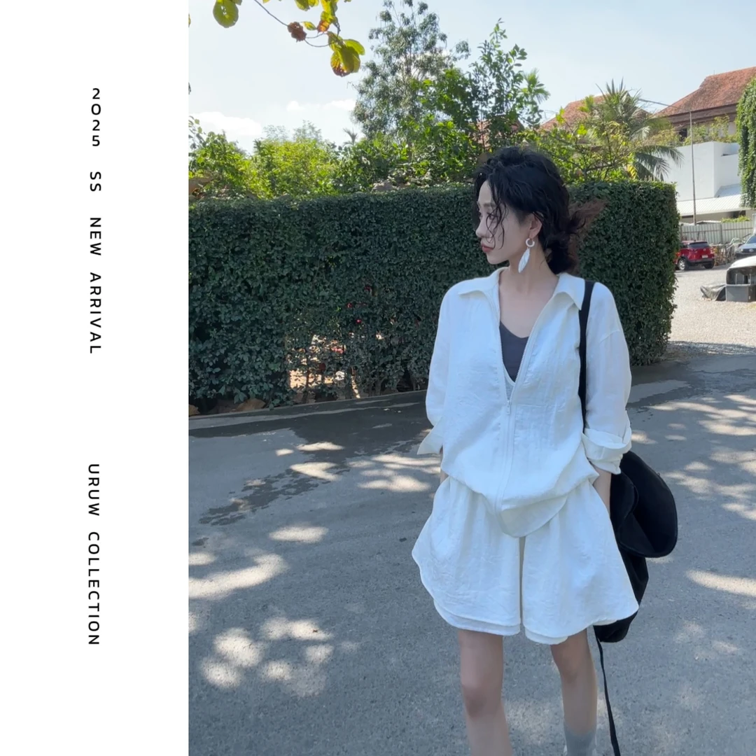 现货【菲斯酒庄】春季POLO领拉链衬衫高腰显瘦双层半身短裙 9089