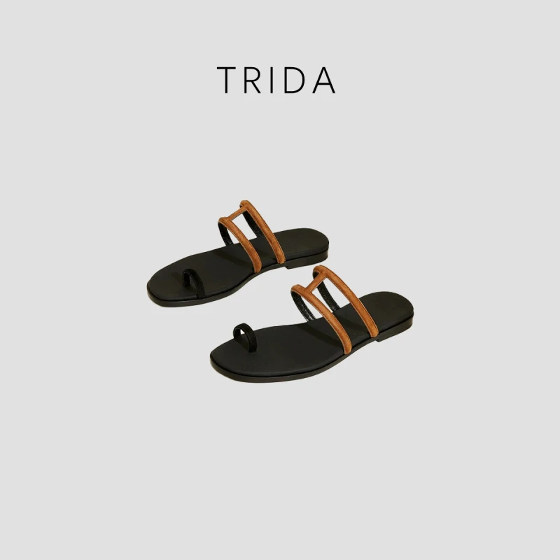 【Trida】女士多色方头牛皮沙滩套趾一字带休闲拖鞋9378