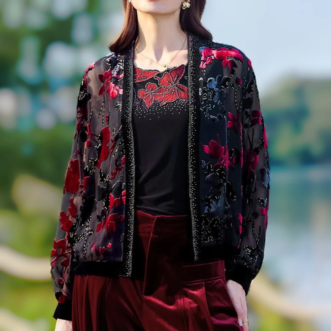 50239典云间中年妈妈春装洋气减龄小外套短款网纱蕾丝开衫薄上衣