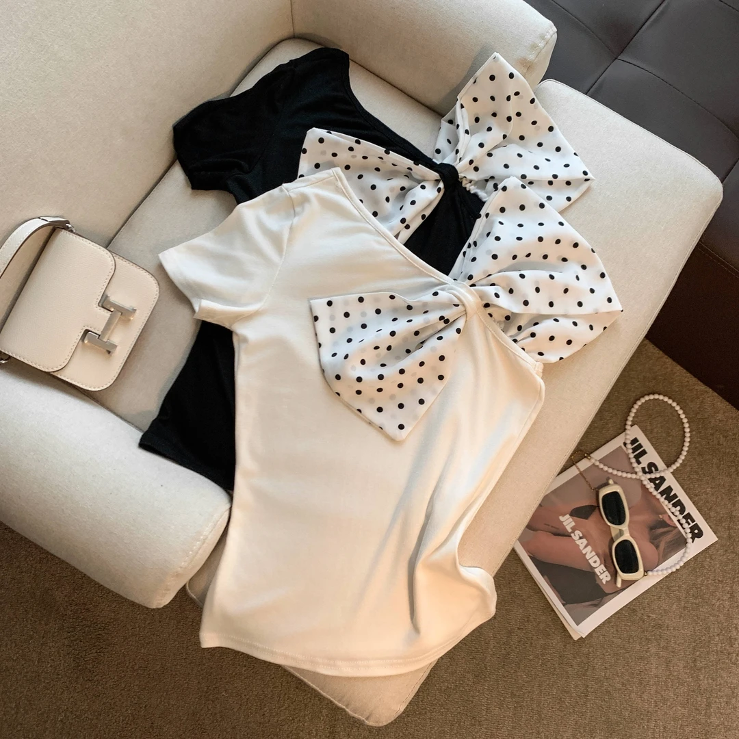 实拍蝴蝶结波点斜肩短袖恤不规则修身辣妹紧身设计感短款洋气时尚