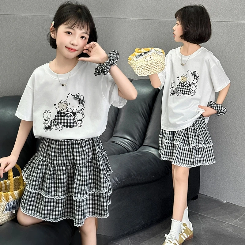 女童套装2025夏季新款中大儿童洋气时尚休闲韩版时髦格子裙两件套