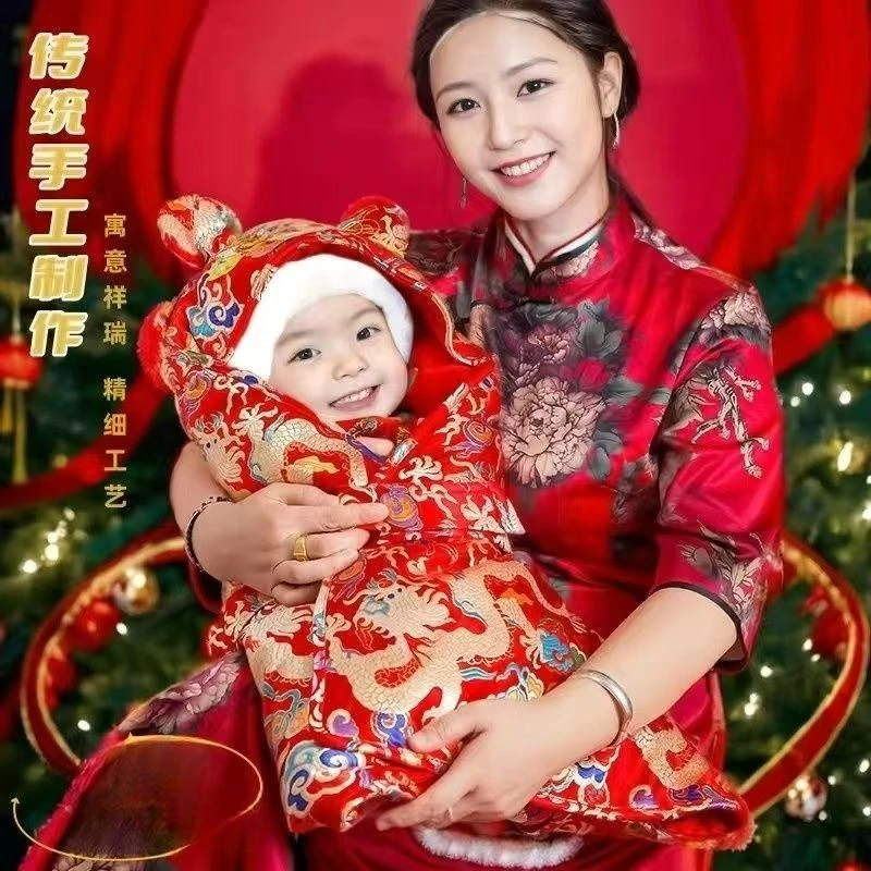 中国风虎头包被中国风龙纹A类唐装古装礼服童装亲子套装儿童宝宝