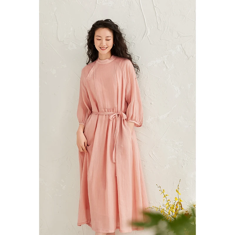 如也 莱赛尔天丝苎麻粉色连衣裙夏七分袖气质显瘦宽松长裙丨36911