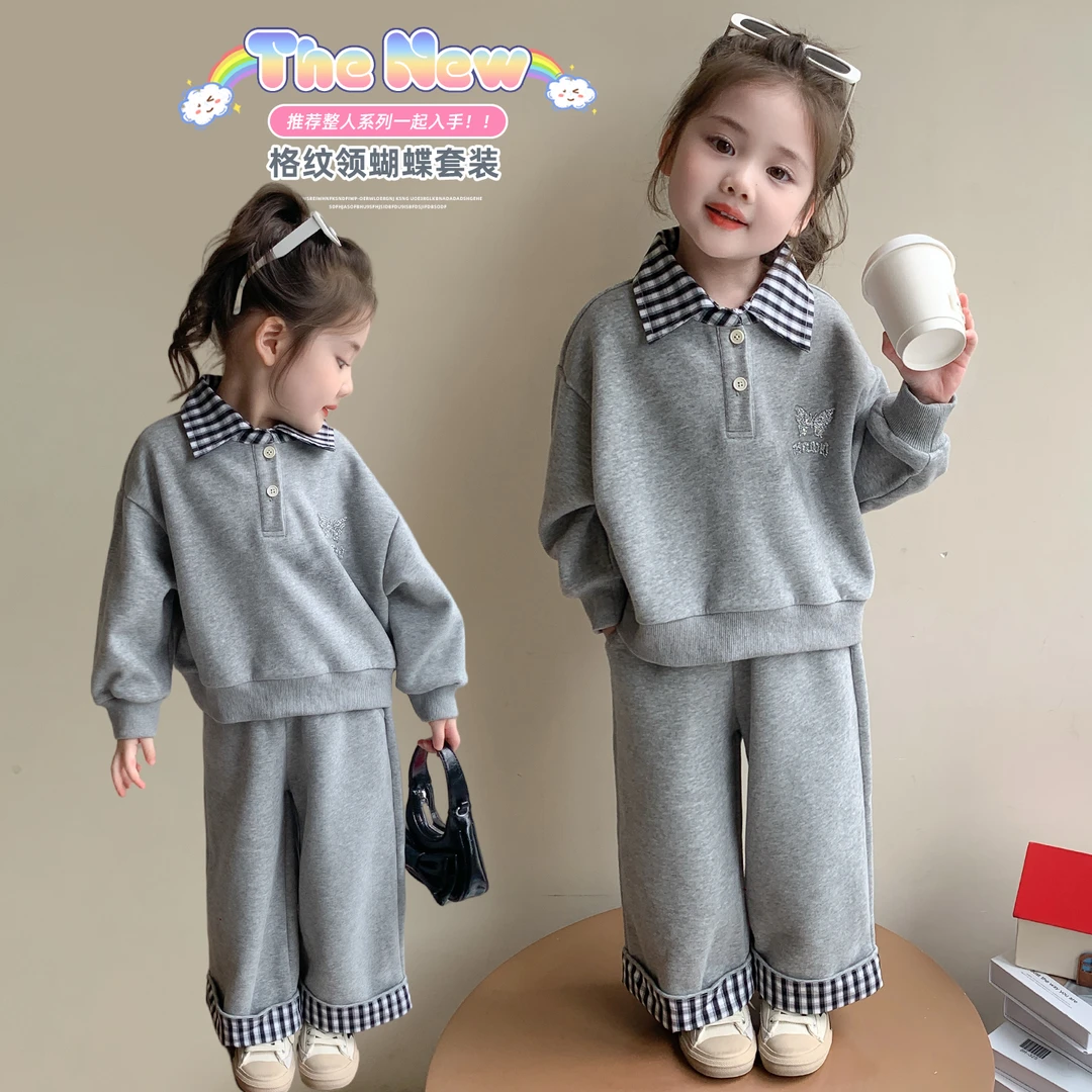 小女童套装时髦洋气格子卫衣卫裤两件套长袖运动时尚休闲韩版格纹