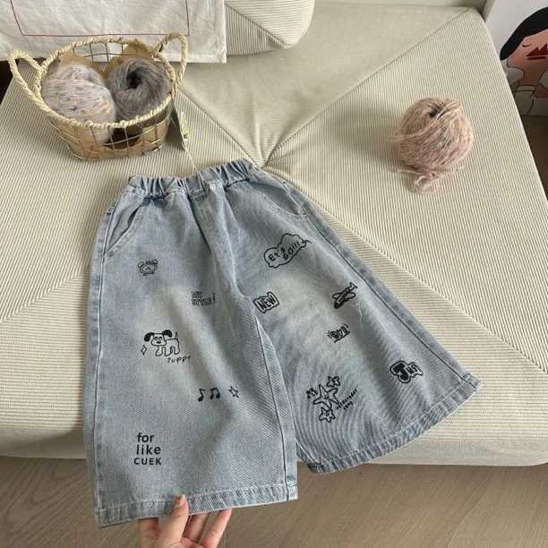 HM060-儿童春季涂鸦风牛仔阔腿裤男童软牛仔