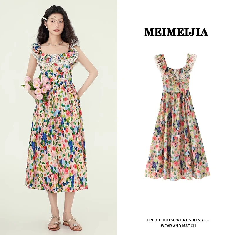 XIABEISHU法式碎花收腰无袖连衣裙女夏季2025新款海边度假吊带裙