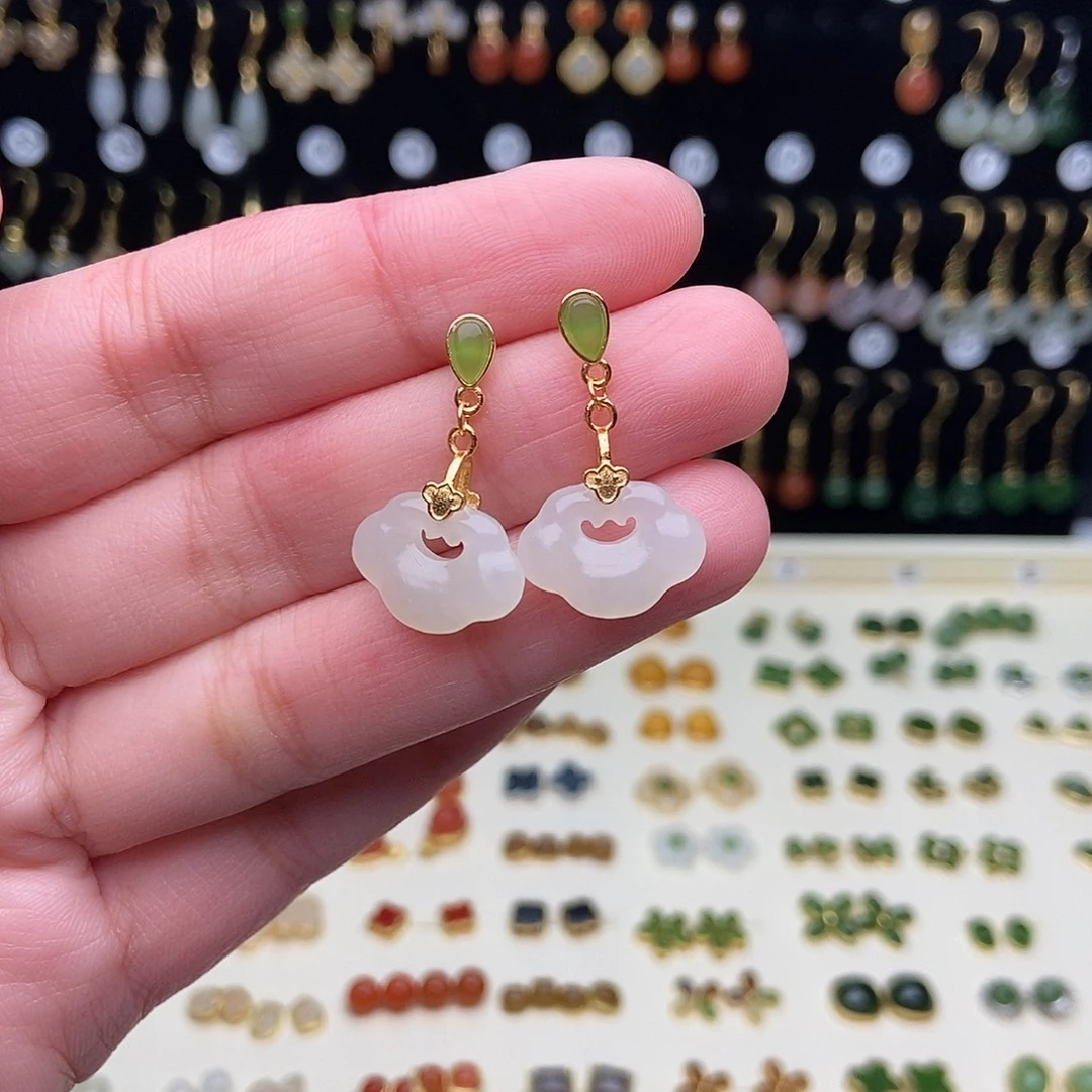 和田玉银S925镀金镶嵌耳饰