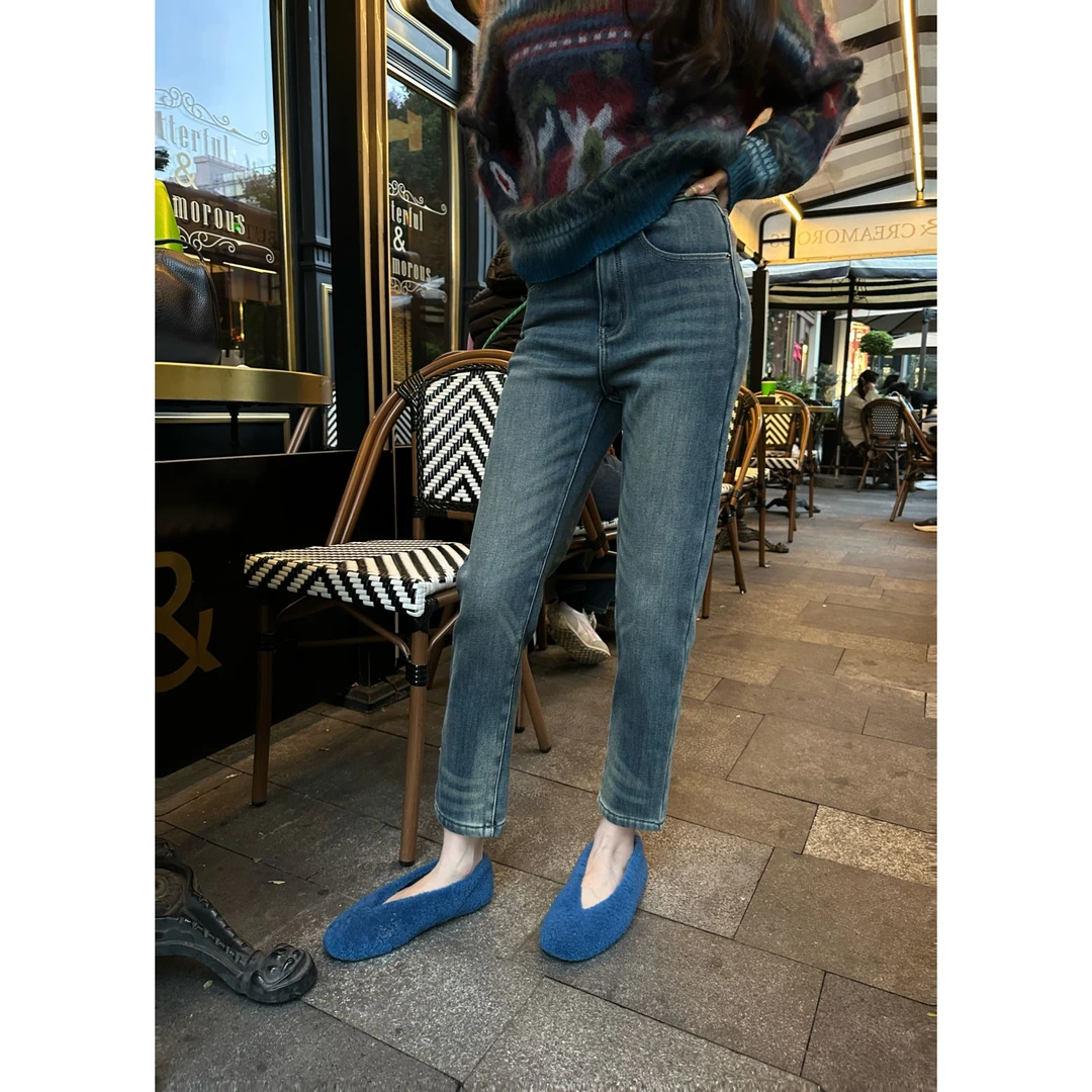 【YANG】冬季新款加绒加厚烟管裤高腰四面弹九分牛仔裤YY-718