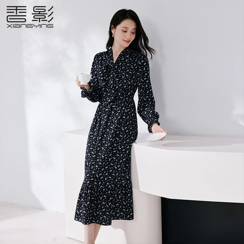 【丽公主专属】L85A554连衣裙 香影气质蓝色碎花连衣裙女秋季新款法