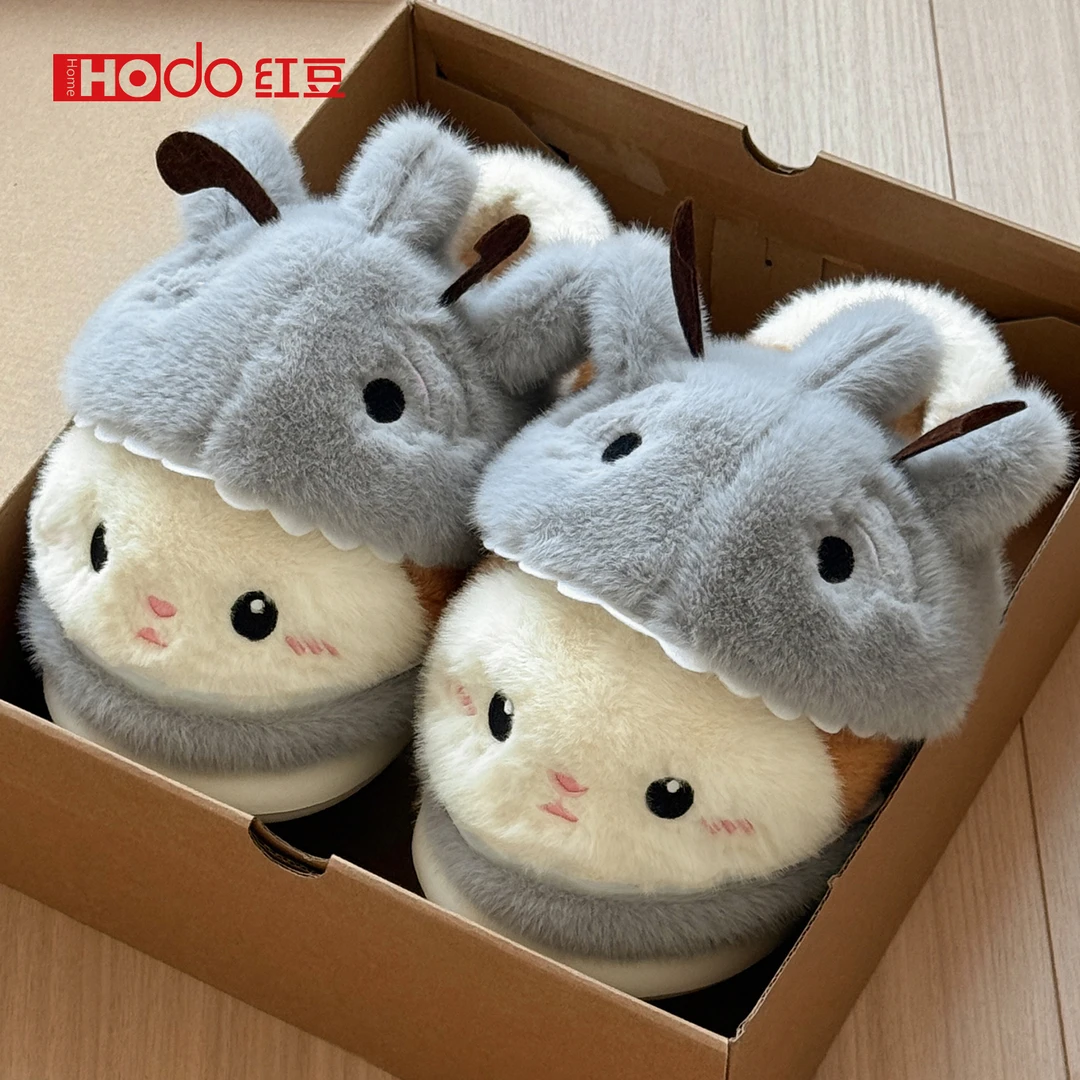 红豆可爱鲨鱼蜜蜂棉拖鞋女冬季2025新款室内家居厚底包跟保暖棉拖