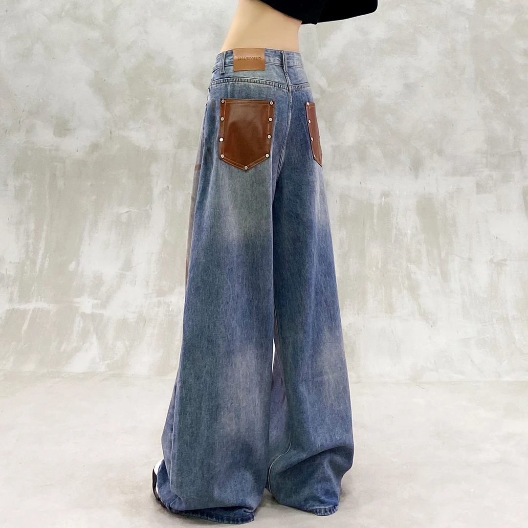 个性拼接口袋设计牛仔裤女秋新款高腰宽松显瘦百搭直筒阔腿拖地裤