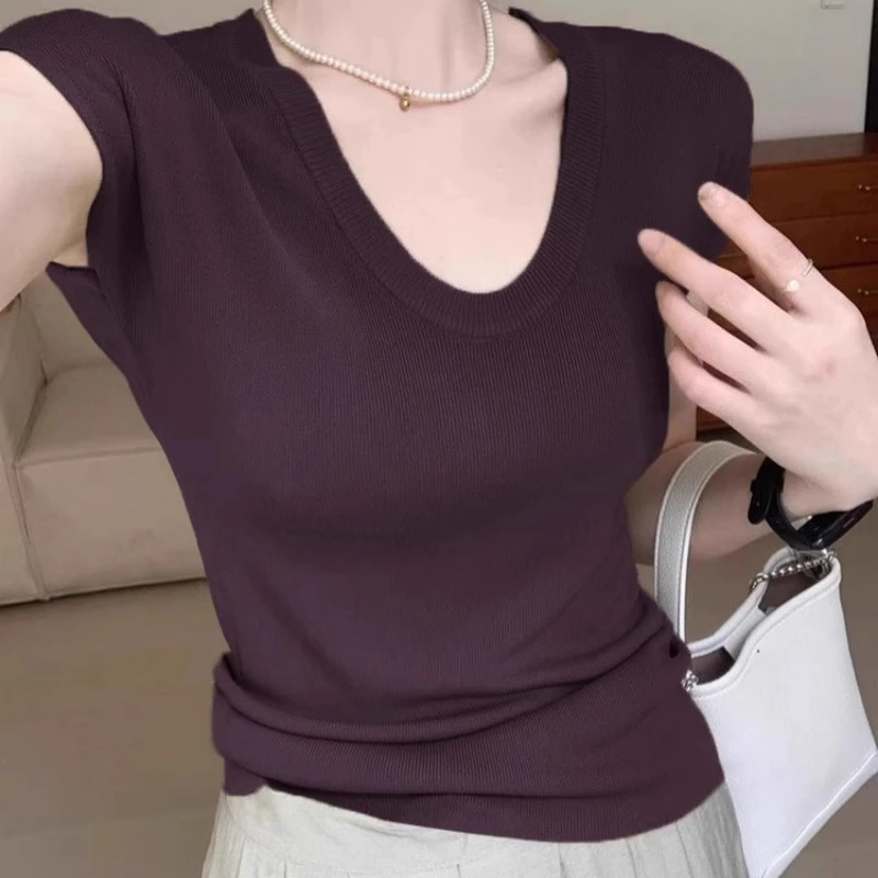 紫色U领针织冰丝T恤短袖女夏季薄款修身显瘦小飞袖高级感气质上衣