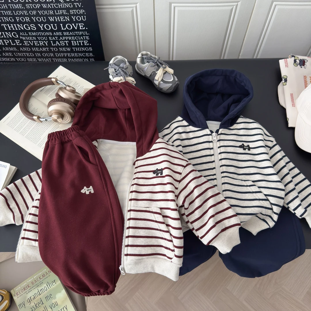 加绒新款儿童连帽卫衣套装开衫卫衣洋气运动风休闲外穿卫裤两件套