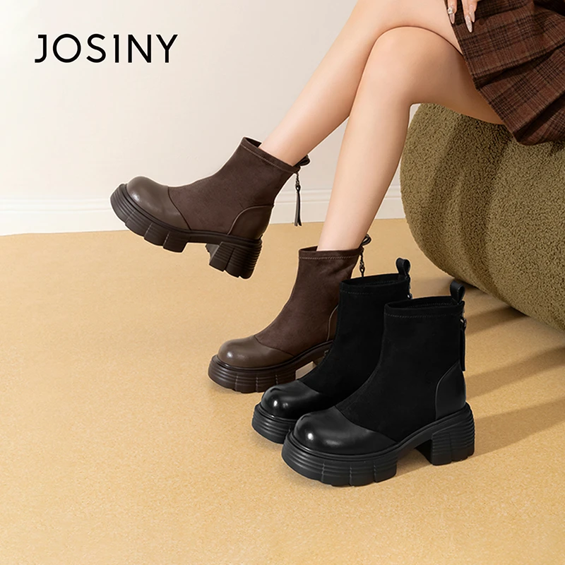 卓诗尼冬季后拉链短靴圆头中筒女靴英伦风秋季瘦瘦靴弹力百搭