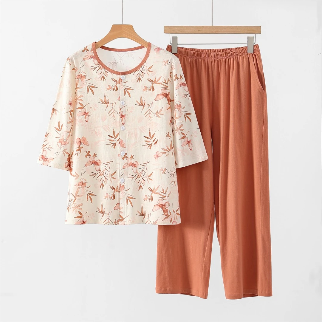 【七分袖九分裤套装】纯棉宽松睡裤妈妈睡衣中老年家居服夏款薄款
