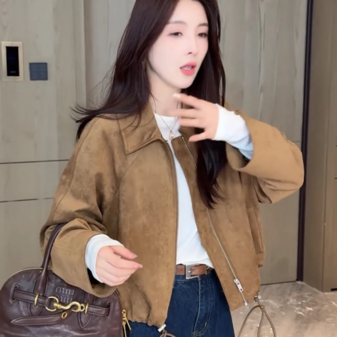 美拉德短款麂皮绒外套女春秋装美式复古慵懒chic又酷又飒皮衣夹克