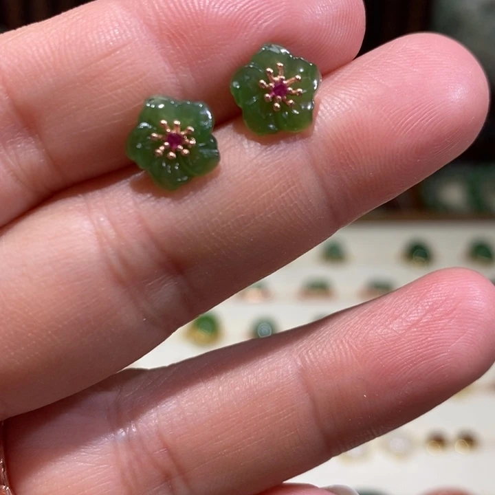 和田玉银S925镀金镶嵌耳饰