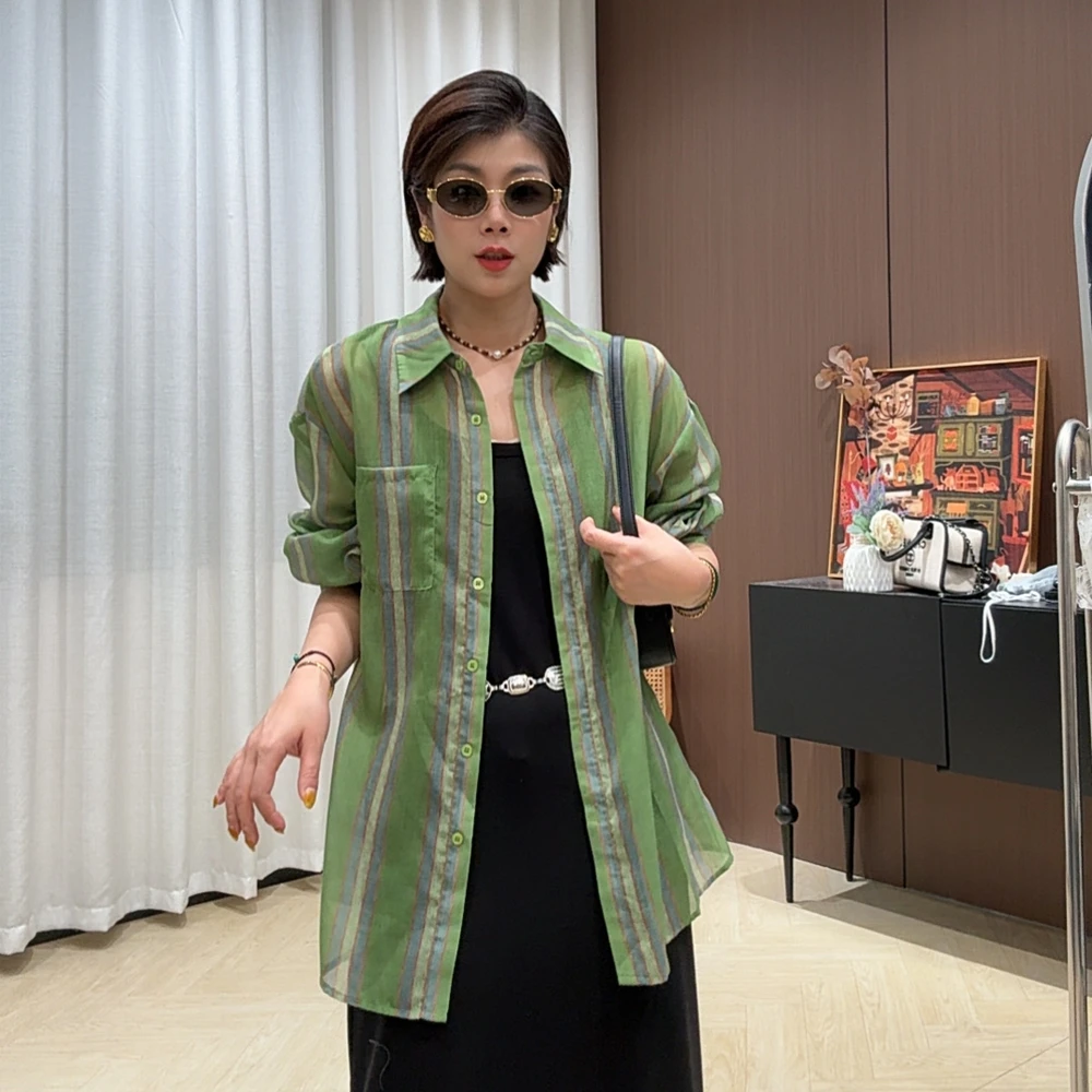 韩系小清新休闲百搭竖条纹翻领长袖衬衫女2025夏季新款宽松显瘦