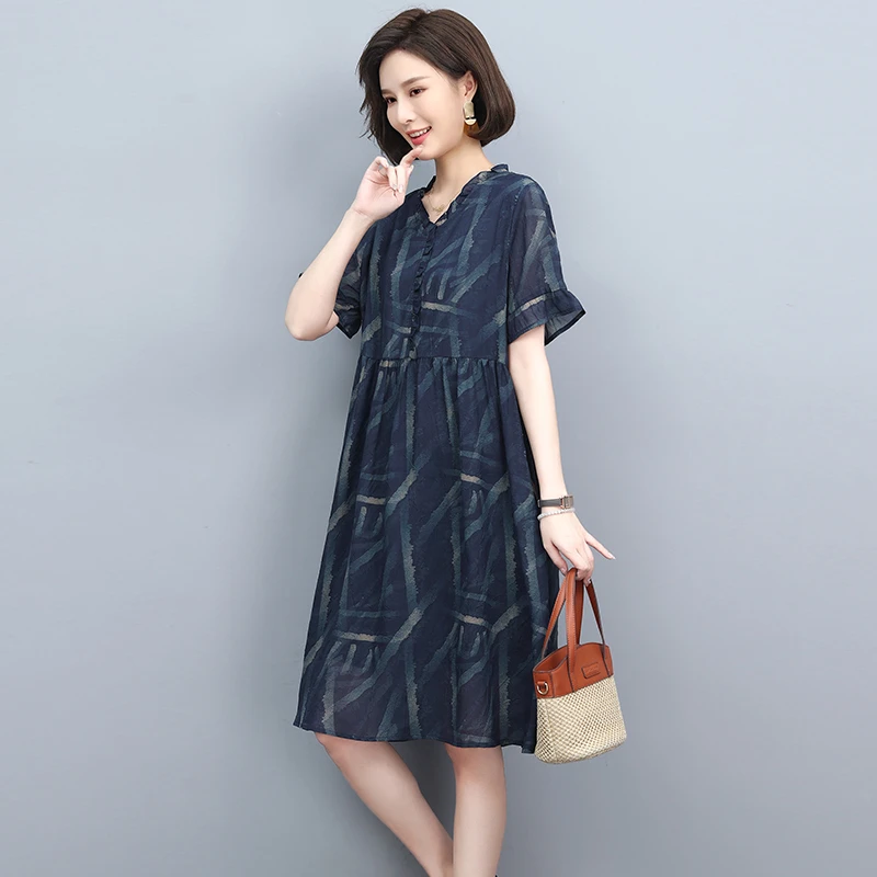 雪纺连衣裙女夏季2025新款休闲大码宽松高端精致气质中年妈妈裙子