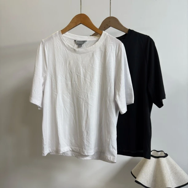 A40911两色T恤圆领简约纯色百搭时尚舒适复古韩版休闲宽松