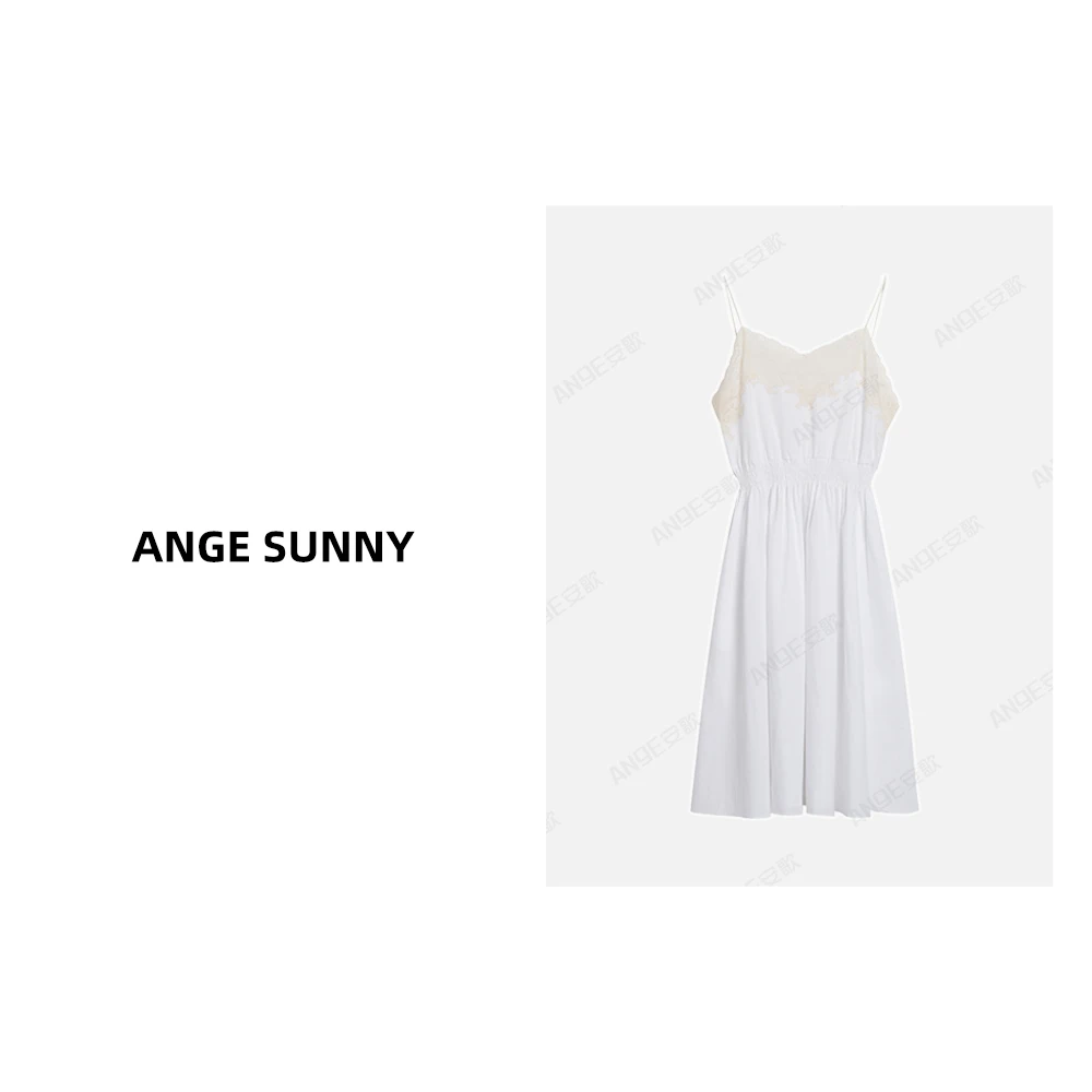 ANGE SUNNY【赵今麦同款 蕾丝领吊带裙】小m*u字母徽标收腰连衣裙