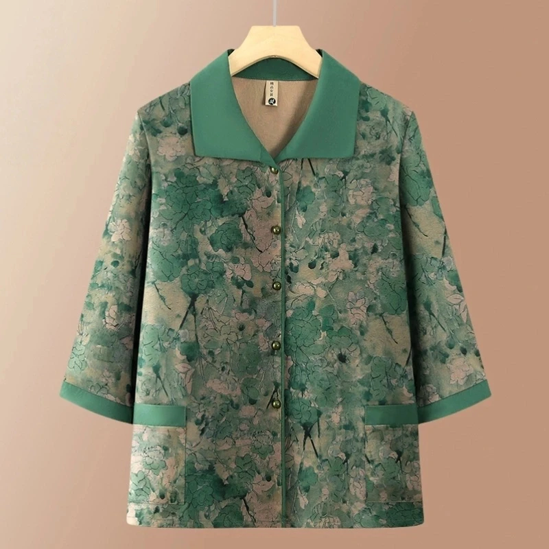 奶奶夏装上衣中老年人衬衫翻领印花衬衫70岁妈妈唐装薄衣服老太太