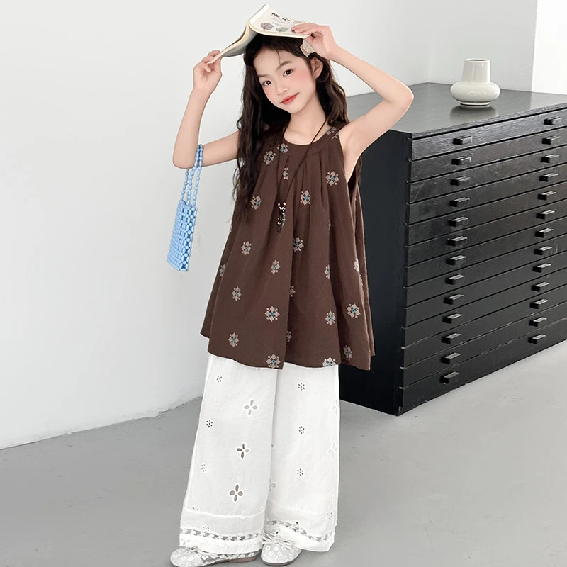 女童薄款套装2025新款中大童韩系穿搭挂脖衫夏季儿童洋气镂空裤子