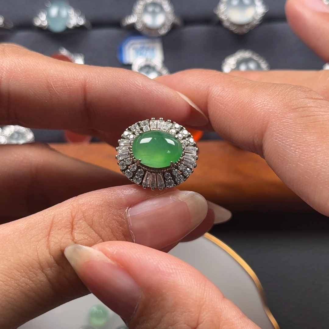 翡翠银S925镶嵌戒指缅甸天然翡翠Ａ货