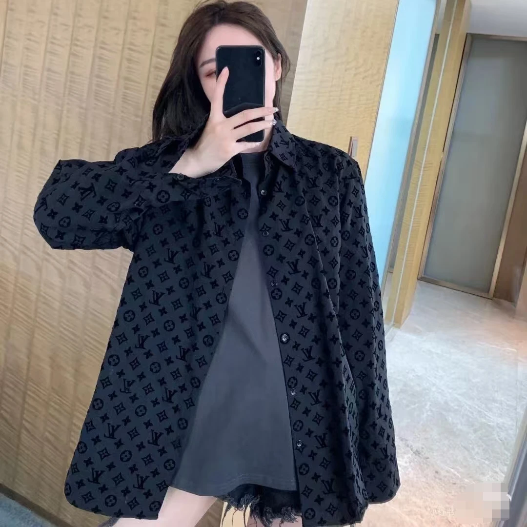 95新 LouisVuitton/路易威登  植绒字母暗纹老花logo衬衫
