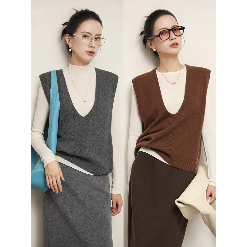 法式复古大V领针织背心女秋冬款简约气质松弛感上衣通勤马夹毛衣