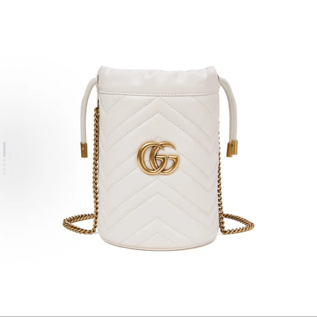 99新 GUCCI/古驰 marmont马蒙白色mini抽绳水桶包
