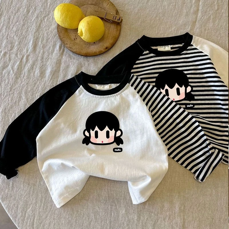 儿童长袖T恤春秋新款女童卡通印花插肩袖上衣中小童女宝宝打底衫