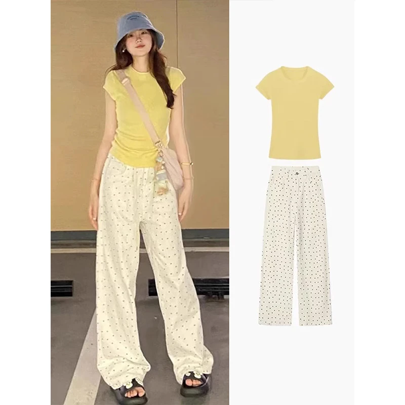 夏季多巴胺搭配一整套韩系时尚梨形身材穿搭短袖上衣休闲裤两件套