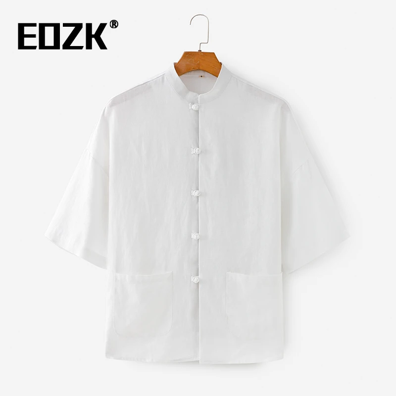 Eozk中国风100%亚麻五分袖衬衫男中式盘扣立领七分袖夏季休闲唐装
