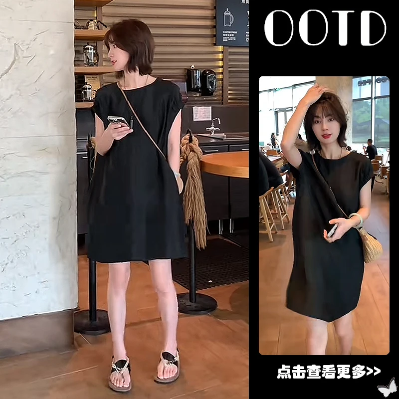 法式黑色短袖连衣裙女夏季2025新款赫本风小个子气质短裙连身裙