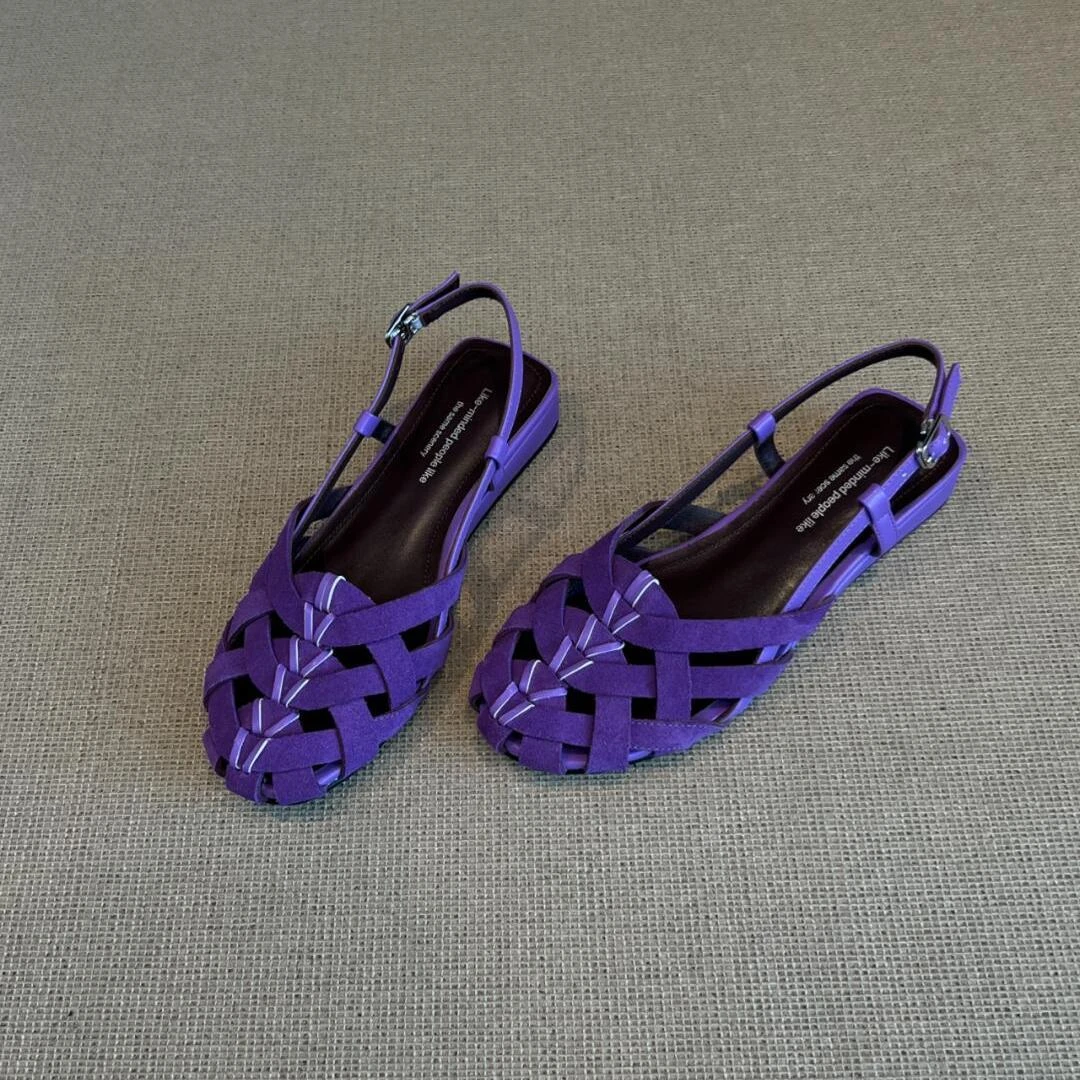 羊皮版~2025新款法式复古风编织镂空包头凉鞋女夏外穿罗马鞋女