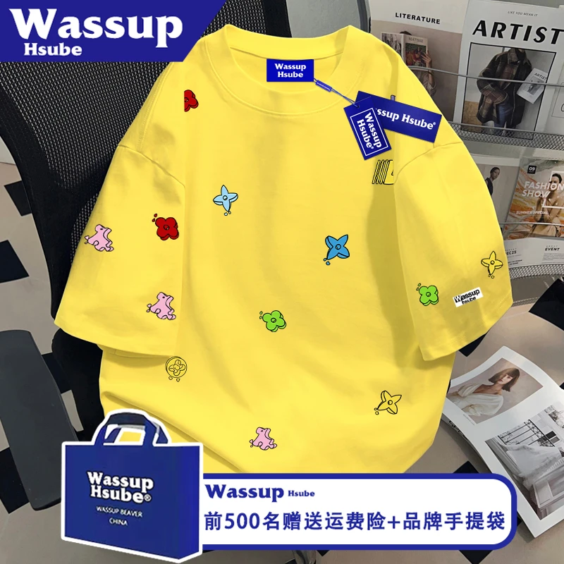 WASSUP HSUBE时尚牌ins纯棉男女款美式半袖夏卡通印花短袖黄色T恤