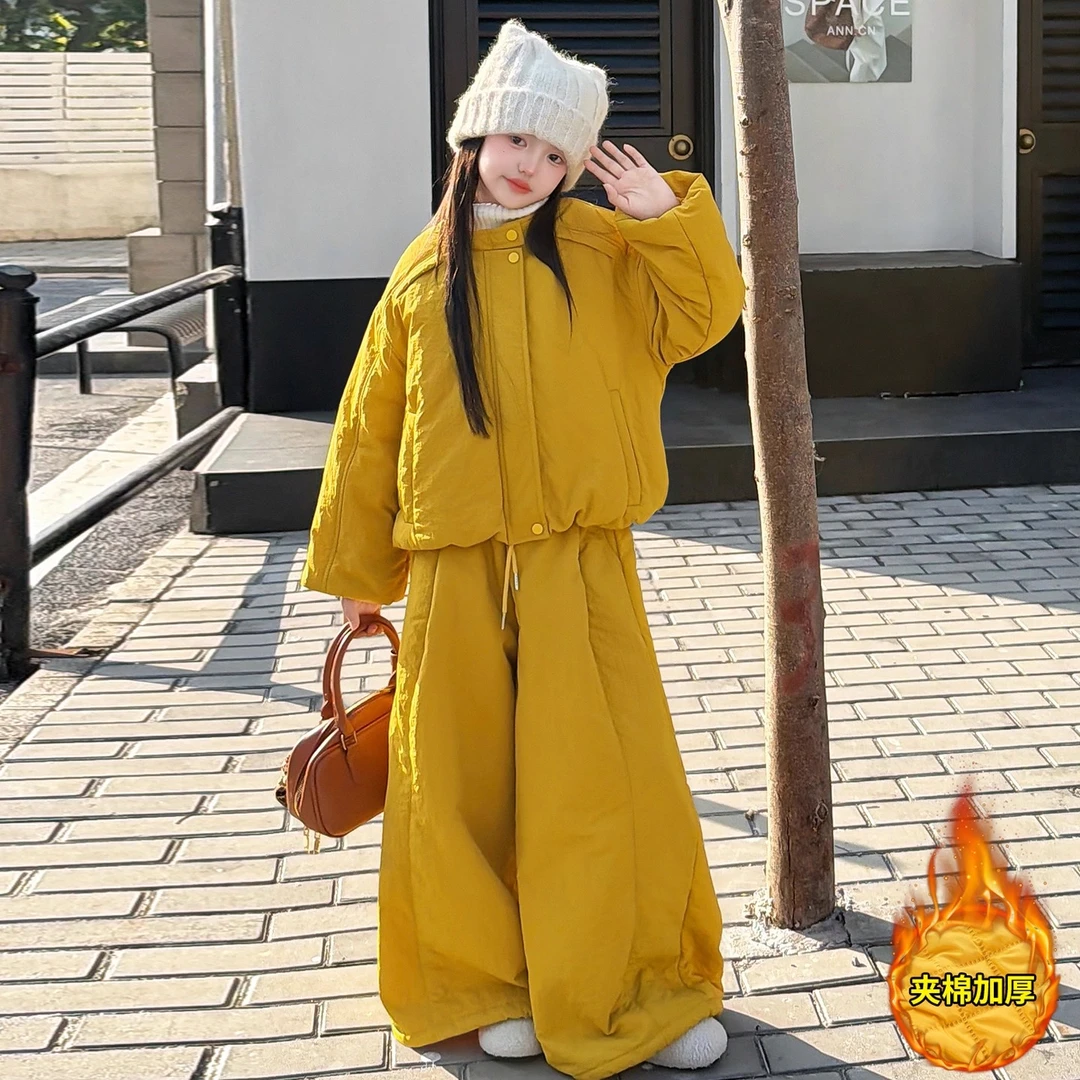 女大童加厚棉服套装2025冬季新款儿童夹棉外套阔腿裤两件套初中生