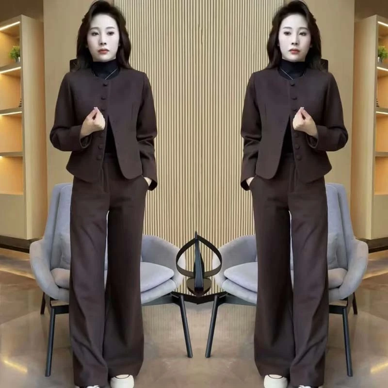 欧货2025秋冬新款时尚高级感显瘦加棉西服外套高腰直筒裤两件套女
