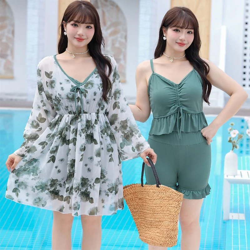 大码泳衣女胖mm200斤分体比基尼三件套大胸性感遮肚显瘦长袖罩衫