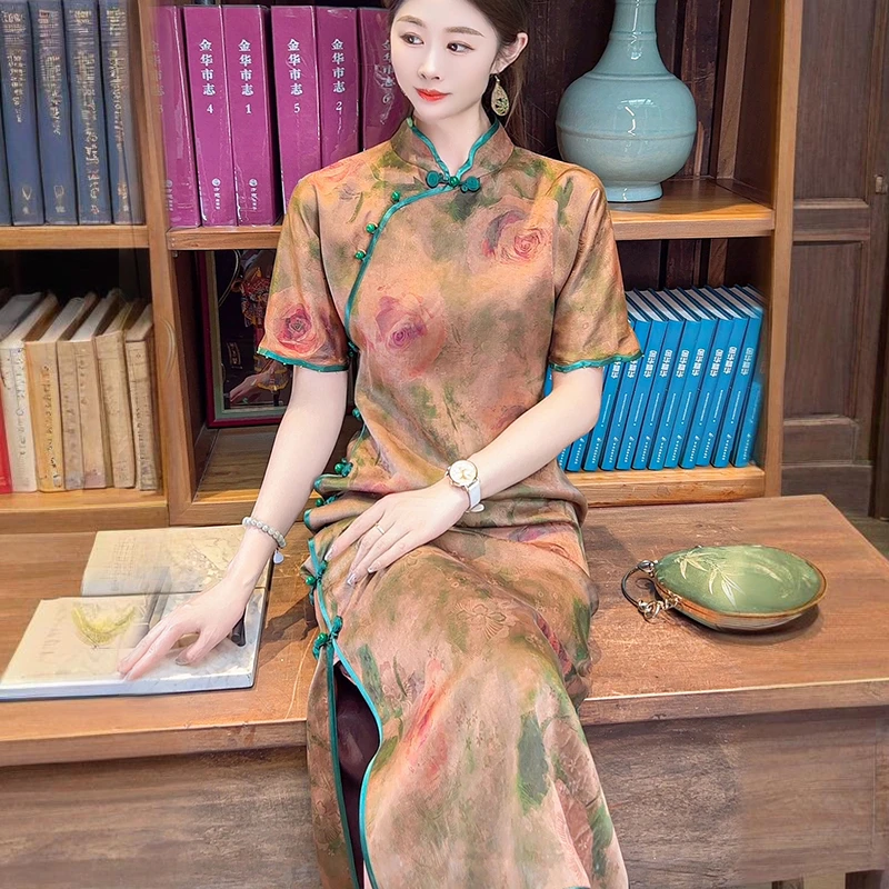 【晕染提花】新中式真丝香云纱改良旗袍女夏立领100桑蚕丝连衣裙