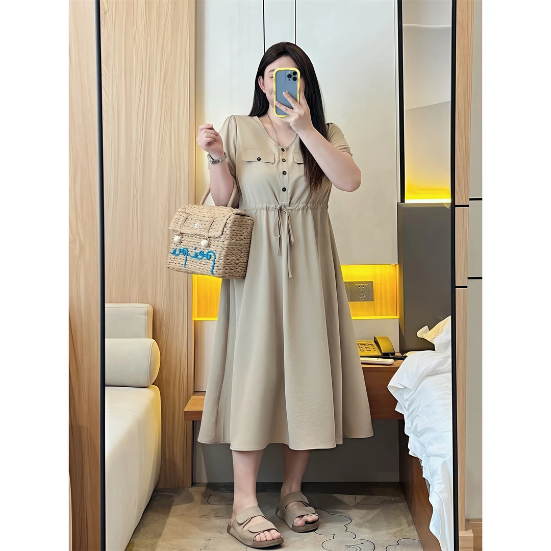 樱岛星砂 /优雅韩系山本柔丝皱连衣裙18206花契大码200斤胖mm时尚