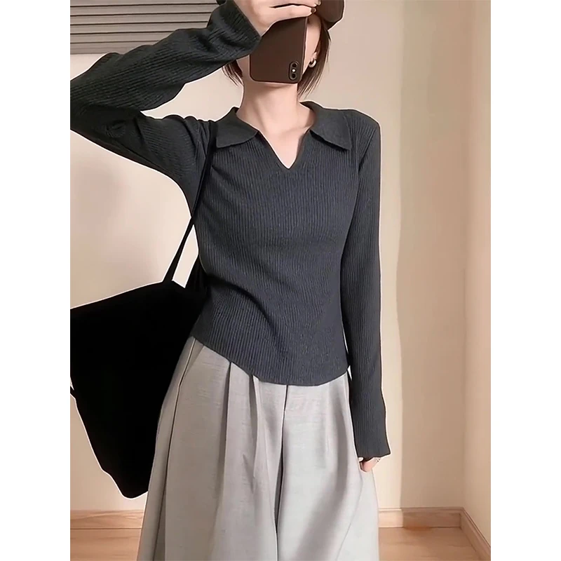 韩系小v领针织衫女春秋长袖翻领套头修身打底秋季内搭高级感上衣