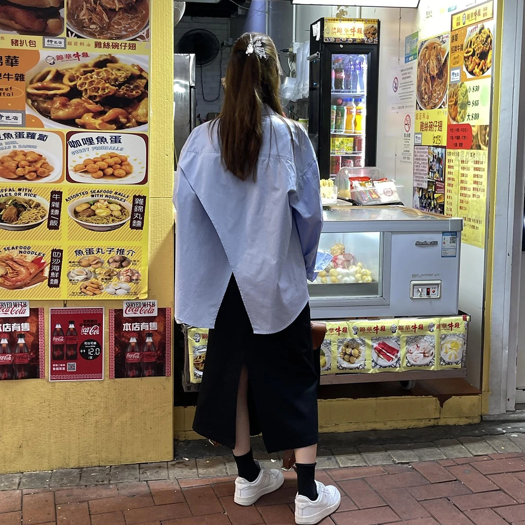 FREEDMST 后背交叉设计感蓝长袖衬衫女2025黑色显瘦后开叉中长裙