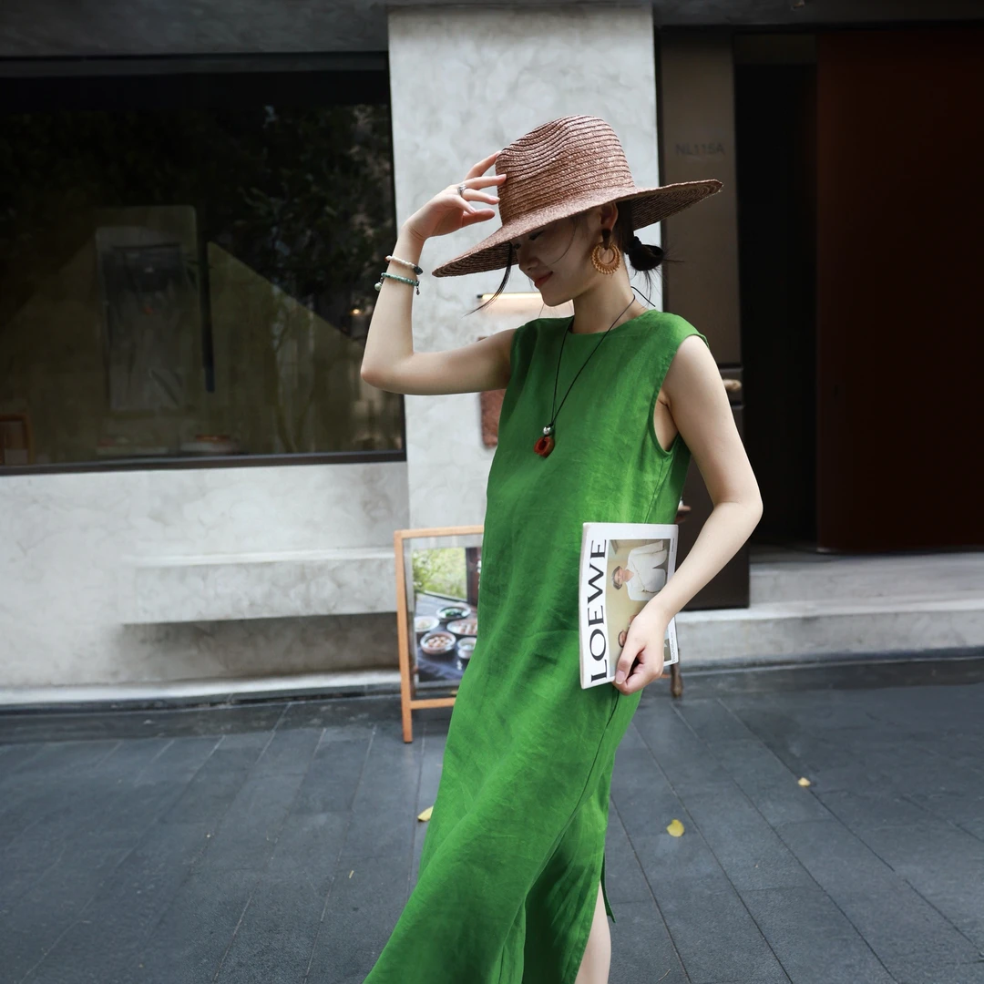 【草绿桔橙】100%亚麻休闲宽松度假风亚麻老钱风松弛感女装连衣裙