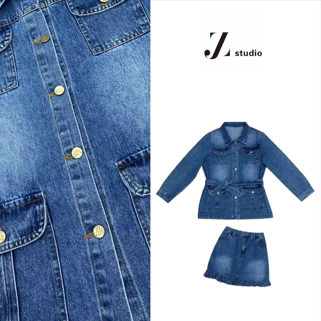 D大码胖M美式复古牛仔两件套系带收腰休闲大口袋木耳边短裙套装