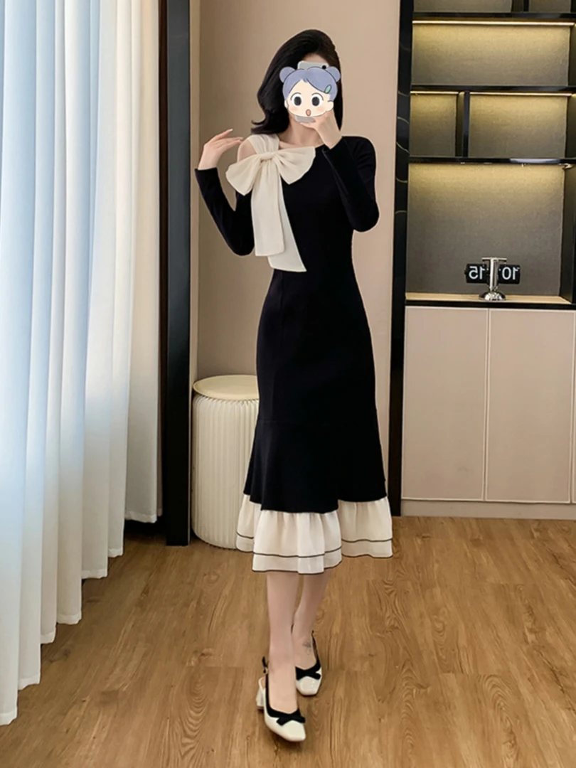 法式小香风蝴蝶结露肩鱼尾连衣裙女赫本风设计感打底黑色长裙秋装