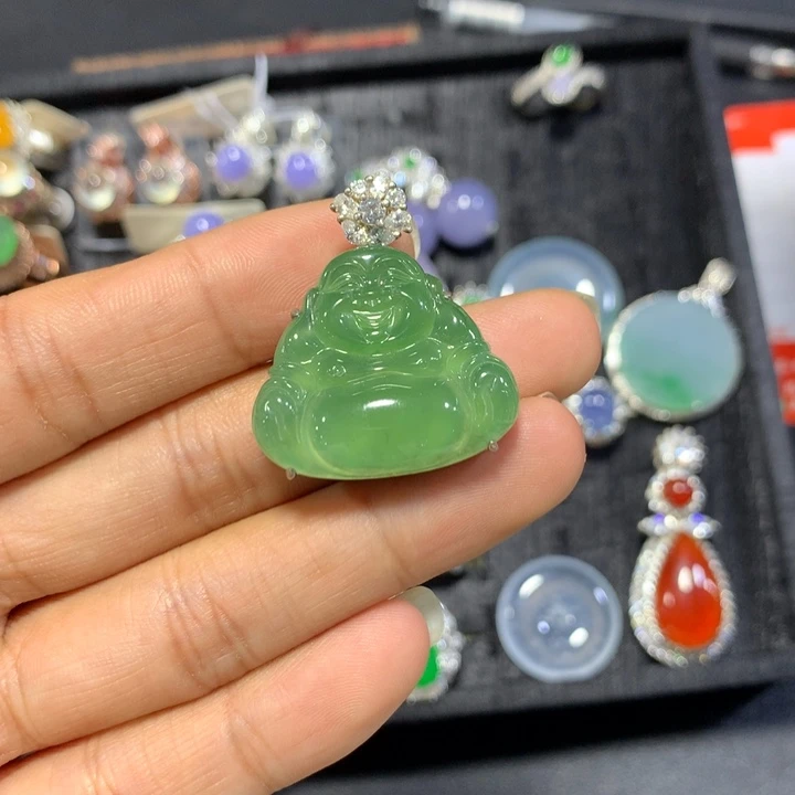 银S925镶嵌翡翠耳饰天然翡翠佛公